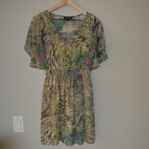 As U Wish Green/Tan/Pink Flutter Sleeve Dress Sz M